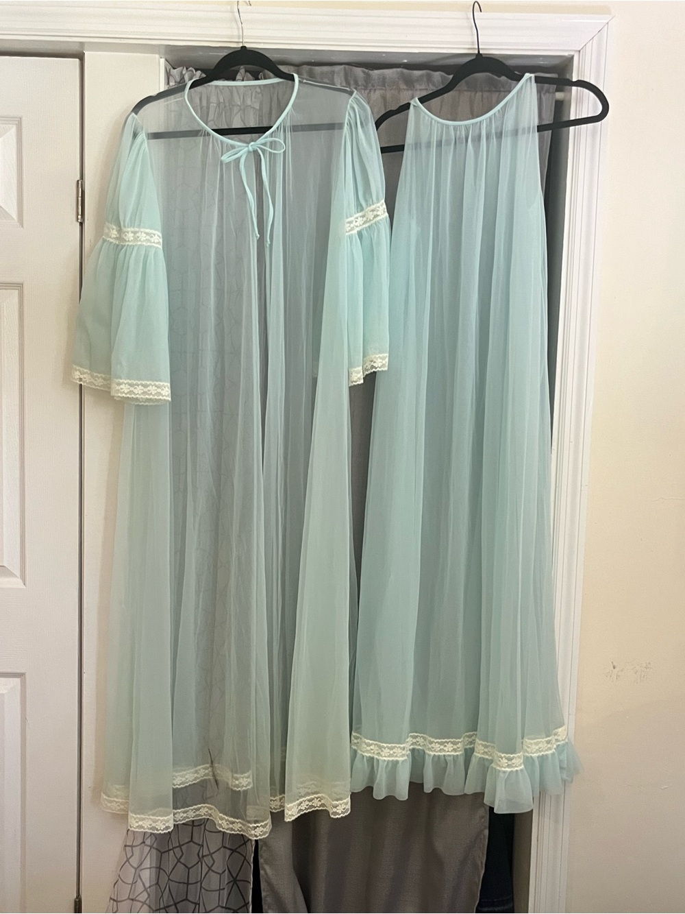 Vintage 1950s Sheer Baby Blue Long Robe & Nightgown Peignoir Set